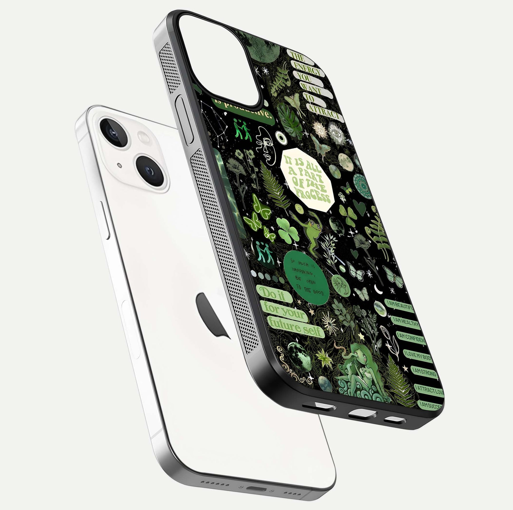 Green Moon Energy Glass Case for iPhone 13 floating dual-view mockup showing glossy texture and energy aura