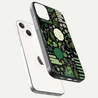 Green Moon Energy Glass Case for iPhone 13 floating dual-view mockup showing glossy texture and energy aura