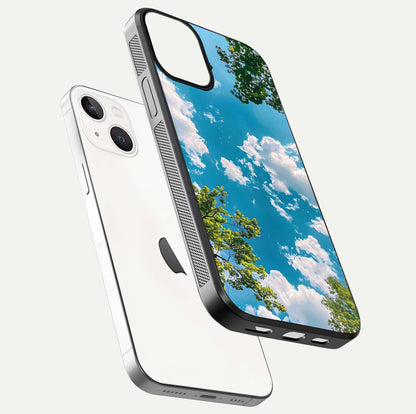 Greenery Sky Glass Case for iPhone 13 floating dual-view mockup showing glossy shine and soft natural tones