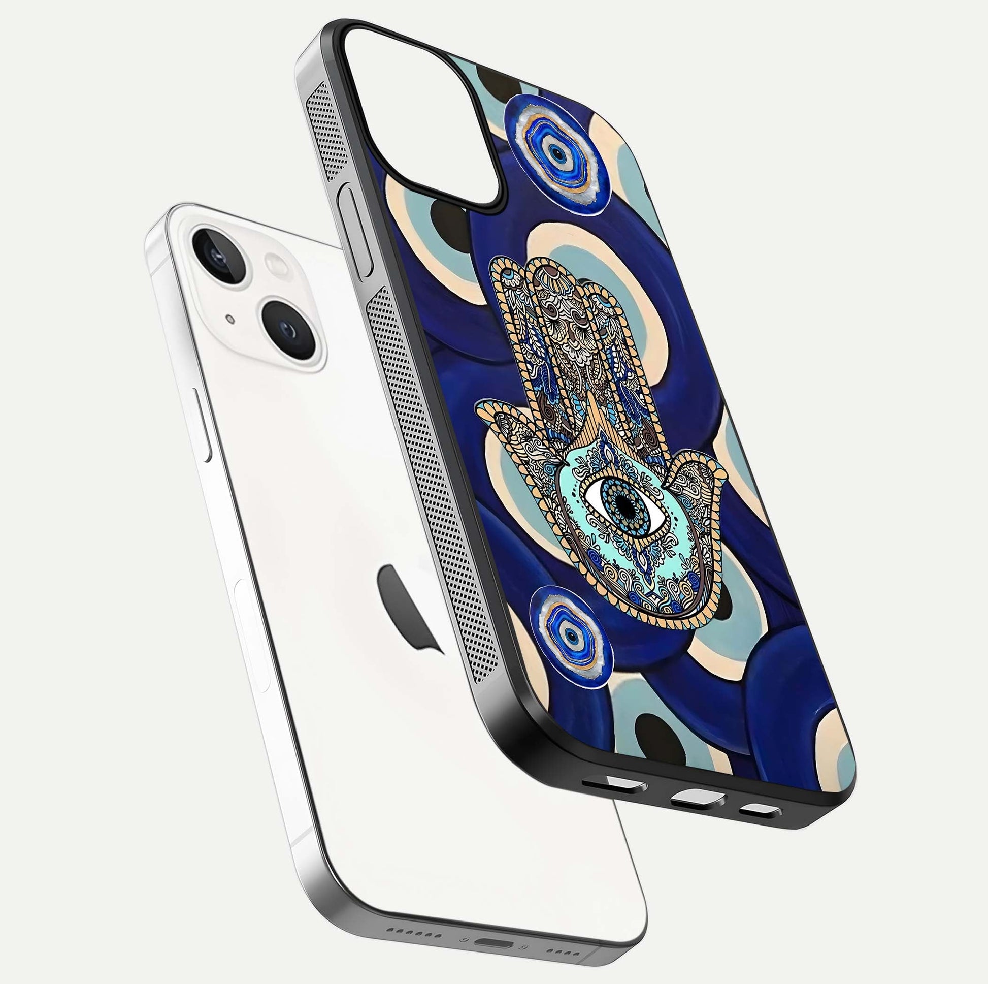 Hamsa Divine Guard Glass Case for iPhone 13 floating dual-view mockup showing gloss shine and mystical pattern