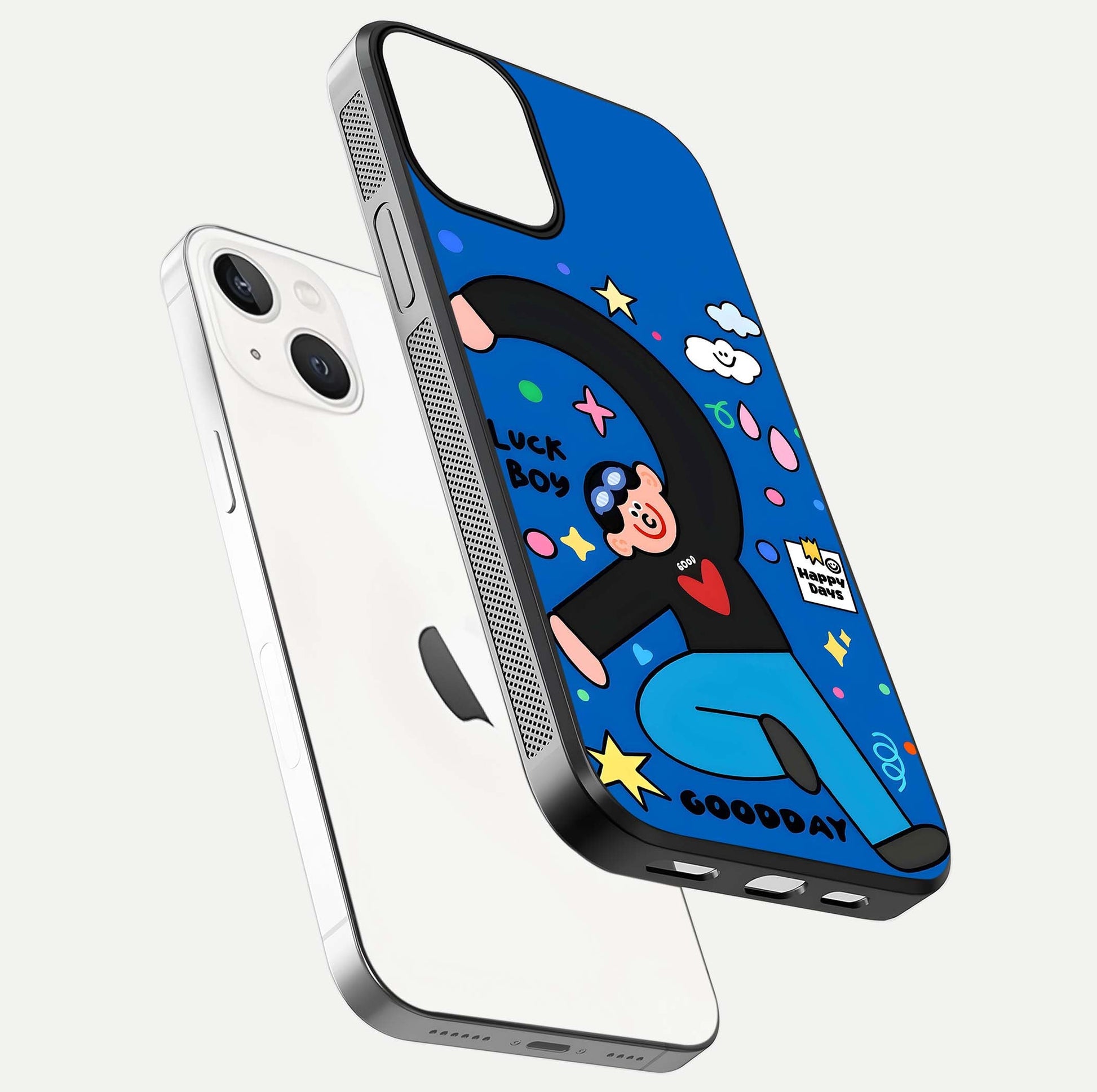 Happy Luck Vibe Glass Case for iPhone 13 floating dual-view mockup showing glossy tone and bright finish