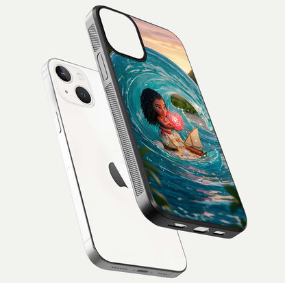 Heart of Ocean Glass Case for iPhone 13 floating dual-view mockup showing gloss surface and aquatic design