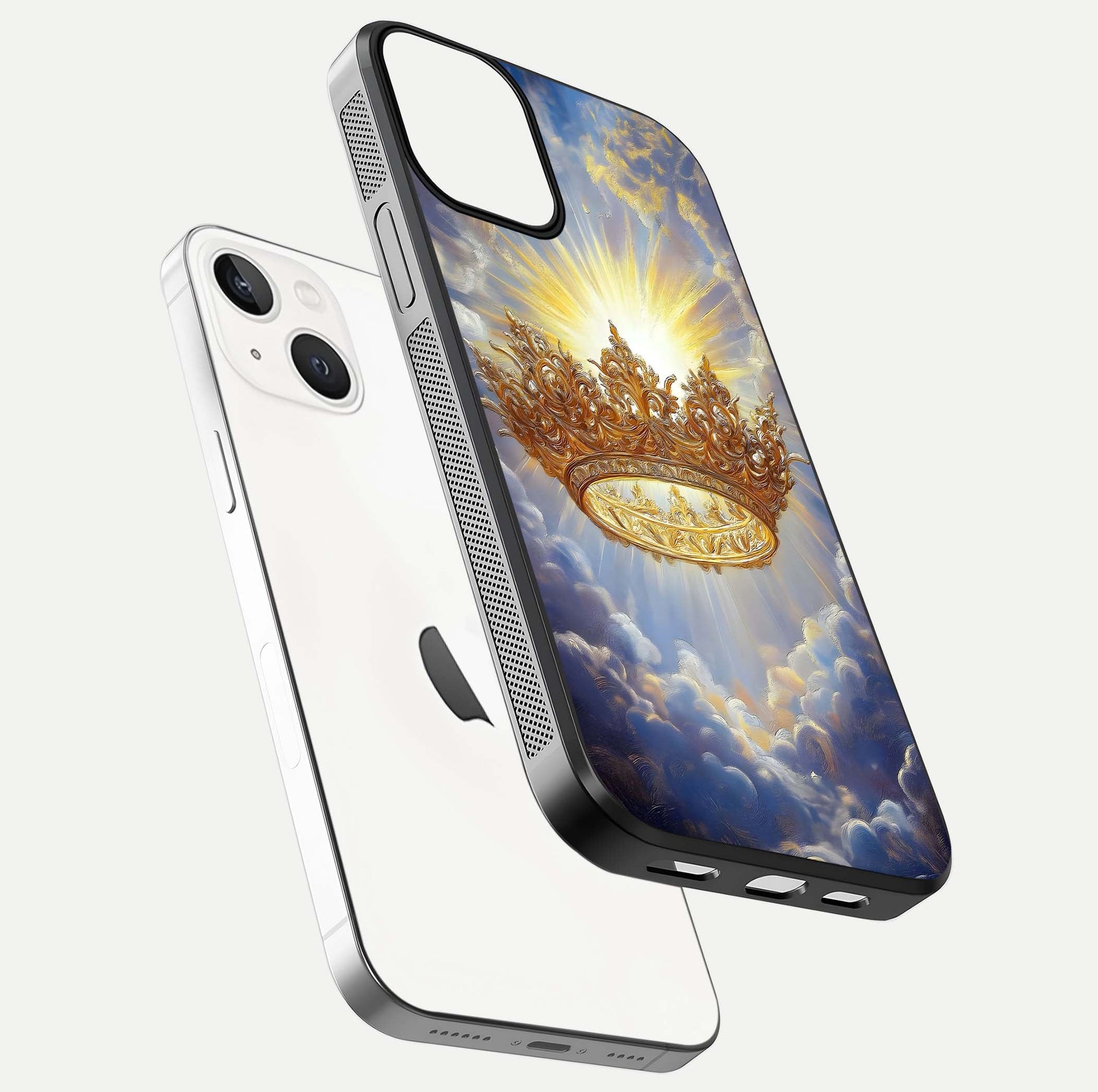 Heavenly Crown Light Glass Case for iPhone 13 floating dual-view mockup showing gloss shine and luminous crown texture