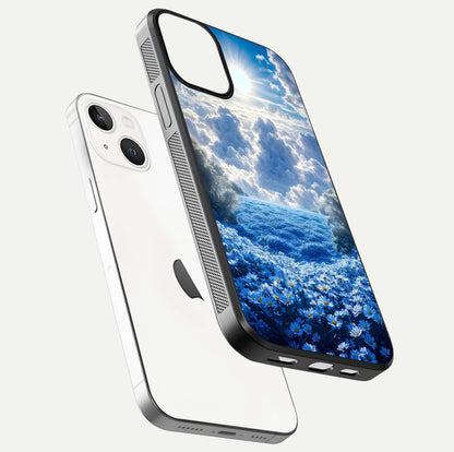 Heavenly Daisy Horizon Glass Case for iPhone 13 floating dual-view mockup showing gloss polish and soft pastel background