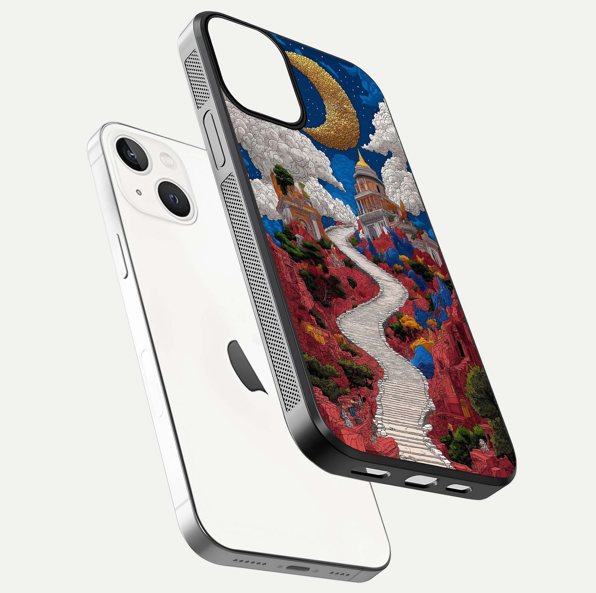Heavenly Moon Path Glass Case for iPhone 13 floating dual-view mockup showing gloss surface and celestial pathway