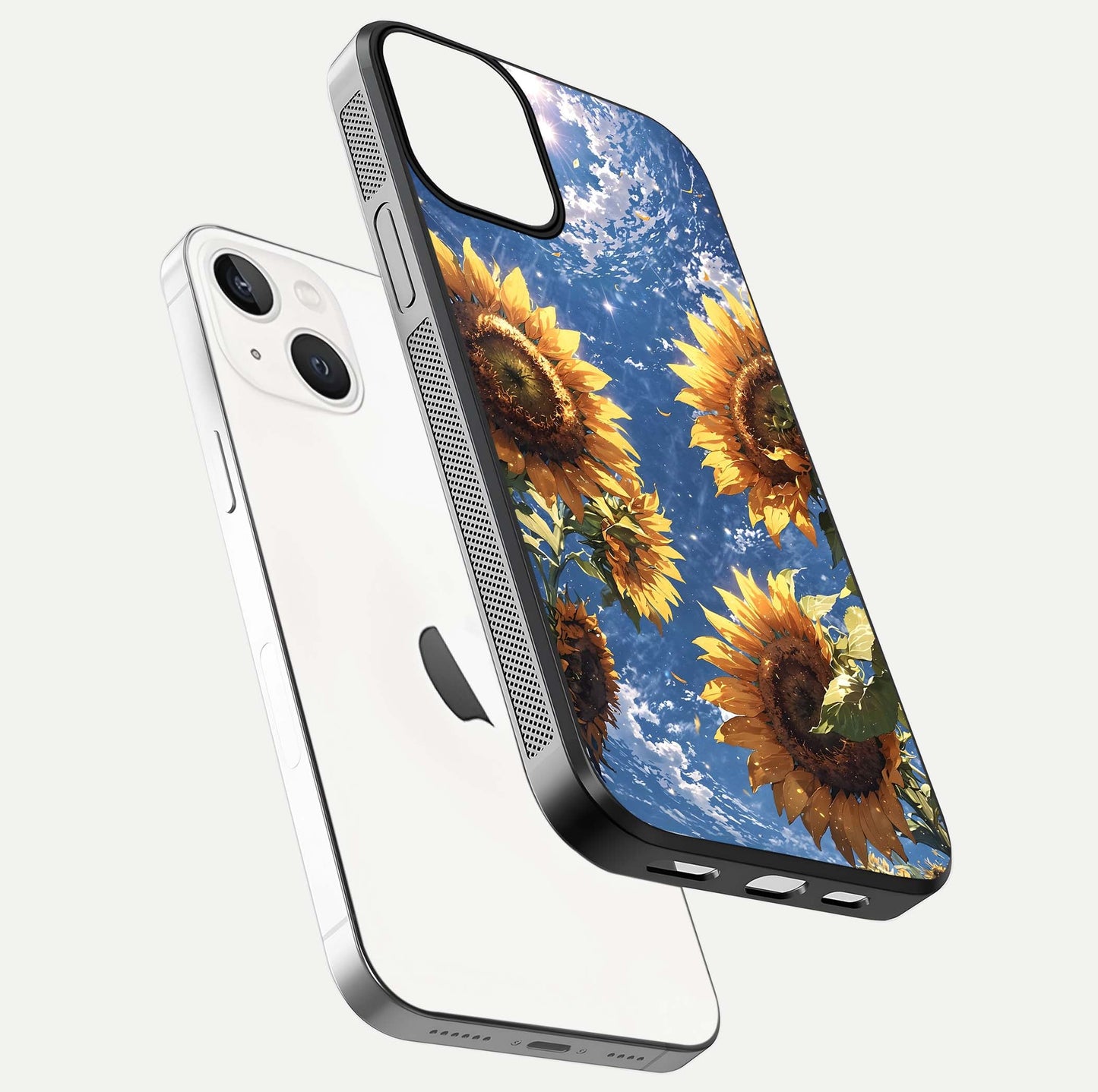 Heavenly Sunflower Rise Glass Case for iPhone 13 floating dual-view mockup showing gloss brightness and morning-light feel
