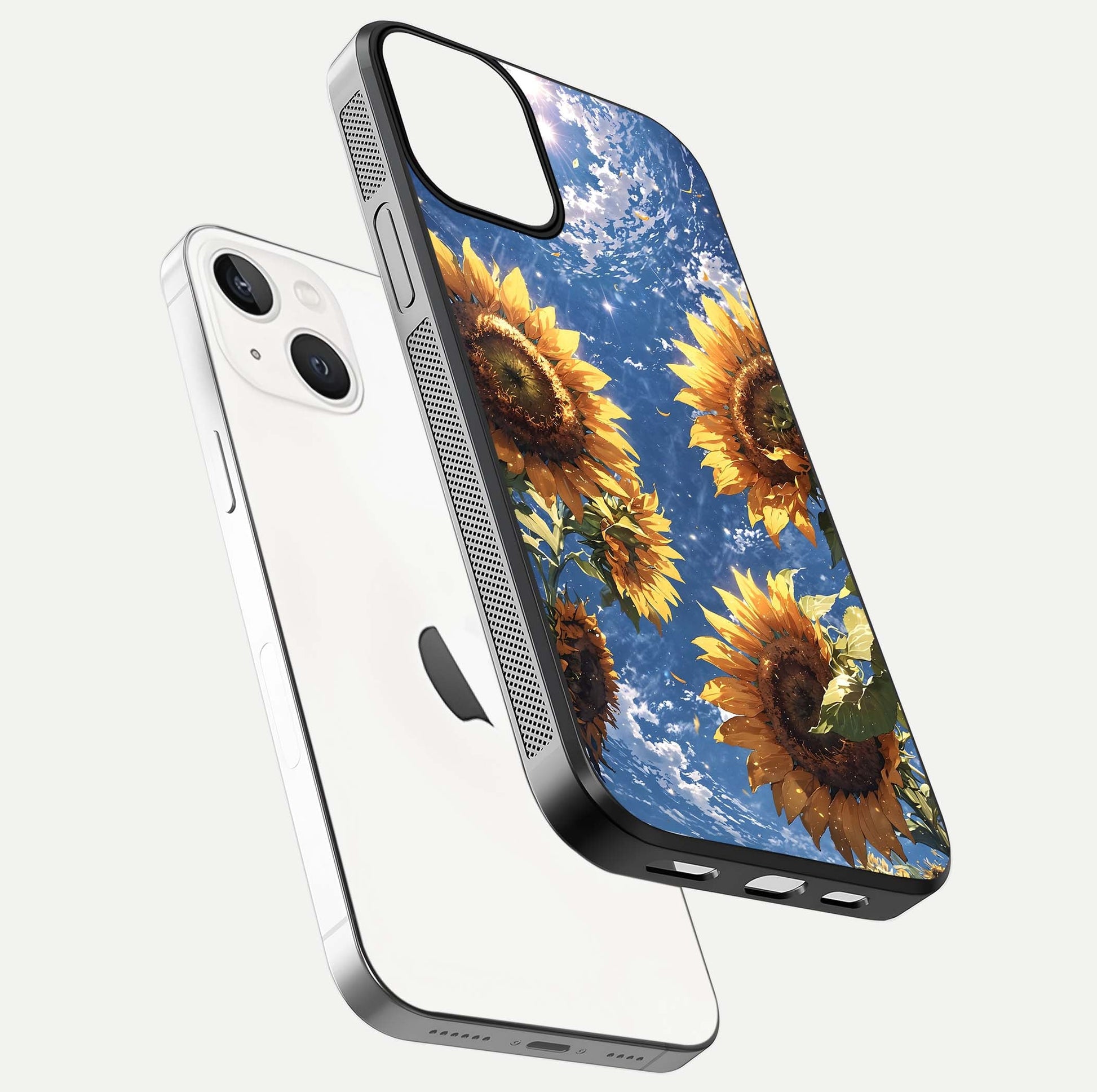 Heavenly Sunflower Rise Glass Case for iPhone 13 floating dual-view mockup showing gloss brightness and morning-light feel