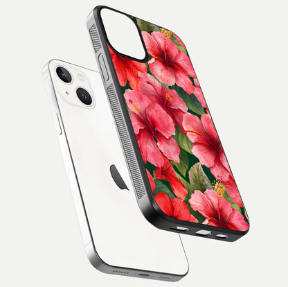 Hibiscus Pattern Glass Case for iPhone 13 floating dual-view mockup showing glossy texture and vivid color depth