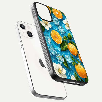 Ice Cube With Orange Glass Case for iPhone 13 floating dual-view mockup showing glossy shine and cool refreshing tone