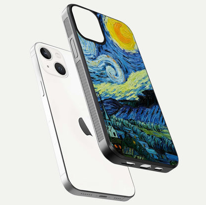 Inspired Van Gogh Art Glass Case for iPhone 13 floating dual-view mockup showing gloss depth and artistic reflection