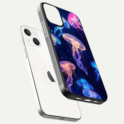 Jellyfish Pattern Glass Case for iPhone 13 floating dual-view mockup showing gloss texture and oceanic depth