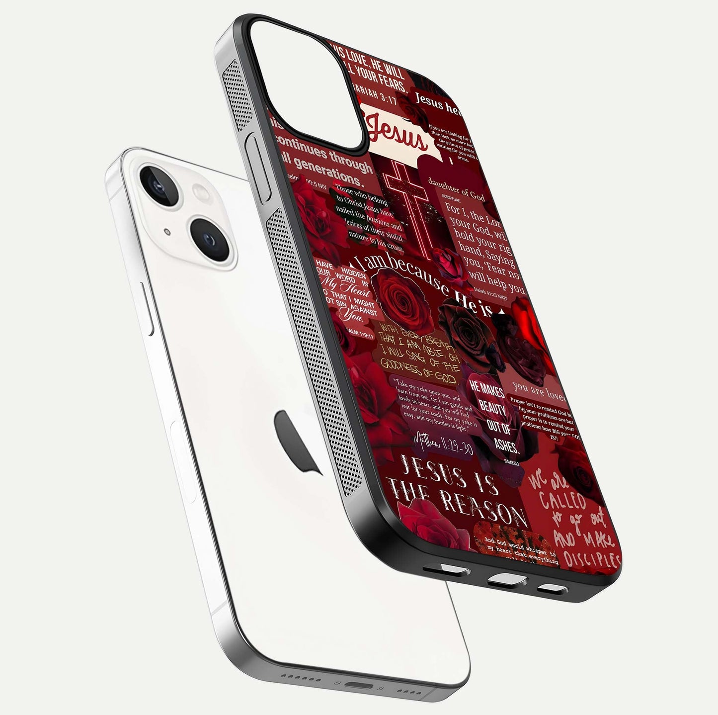 Jesus Love Heals Glass Case for iPhone 13 floating dual-view mockup showing glossy shine and faith-inspired art