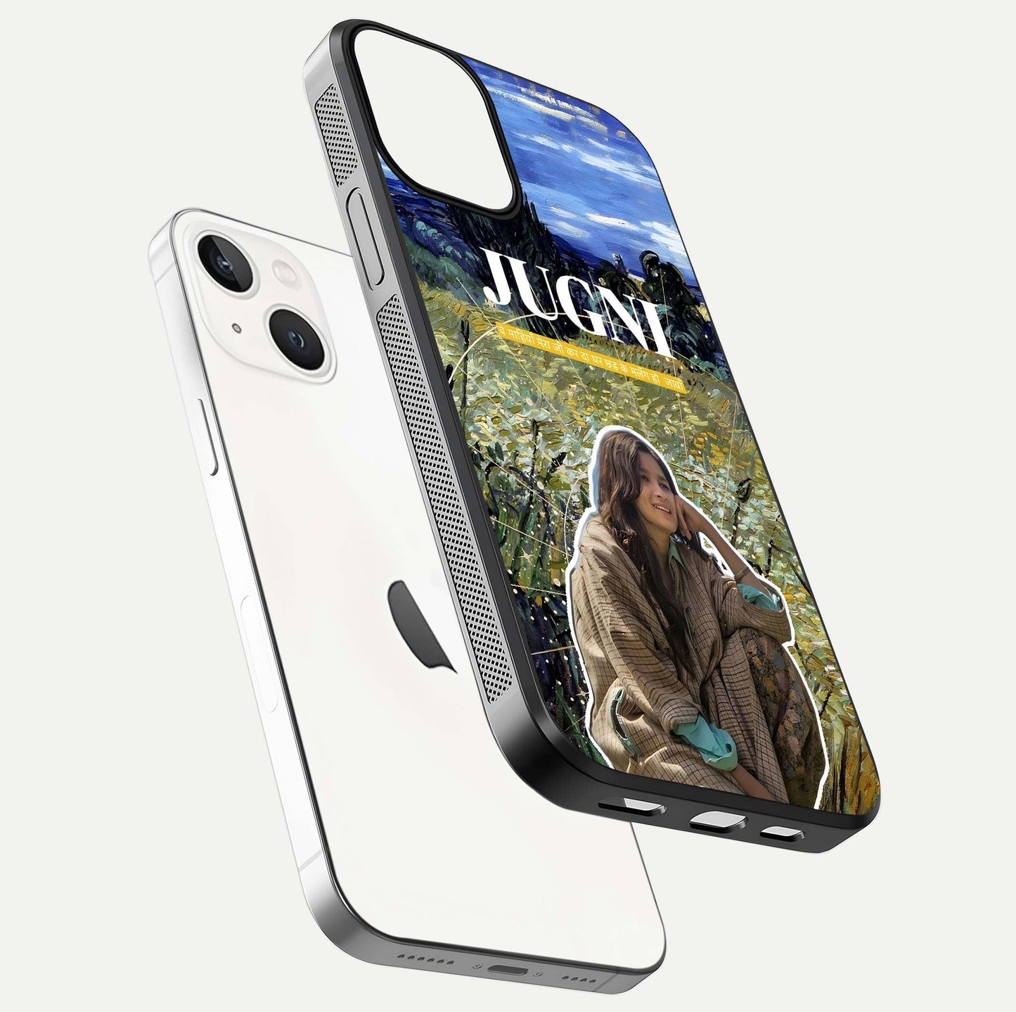 Jugni Soul Vibes Glass Case for iPhone 13 floating dual-view mockup showing gloss surface and vivid design style