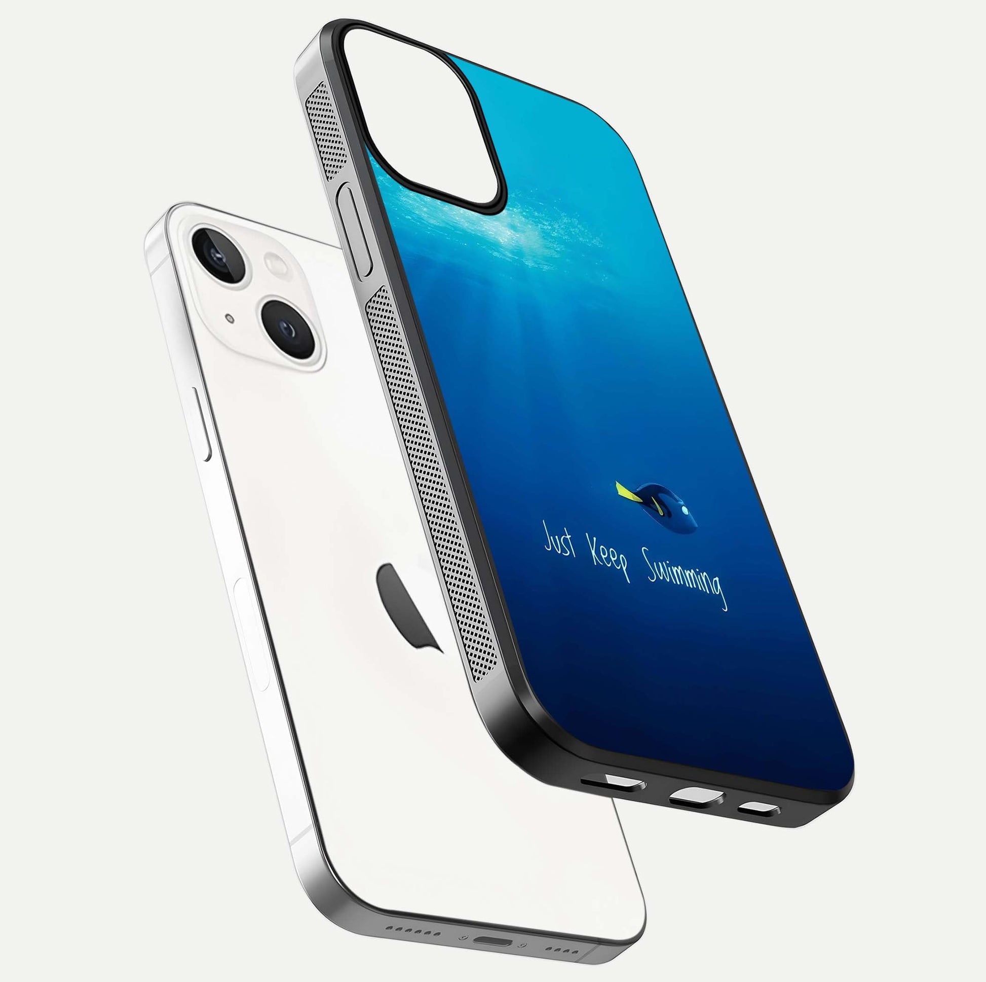 Just Keep Swimming Glass Case for iPhone 13 floating dual-view mockup showing gloss brightness and wave motif