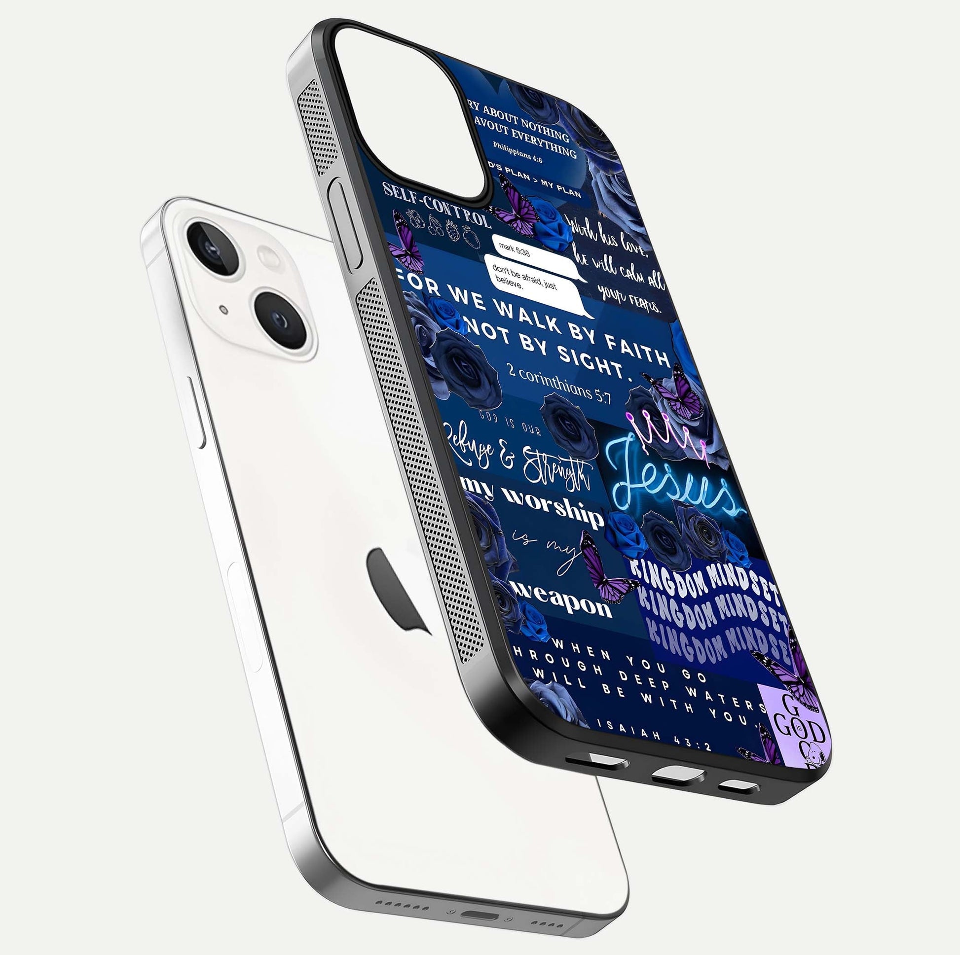 Kingdom Faith Glow Glass Case for iPhone 13 floating dual-view mockup showing premium gloss and golden aura