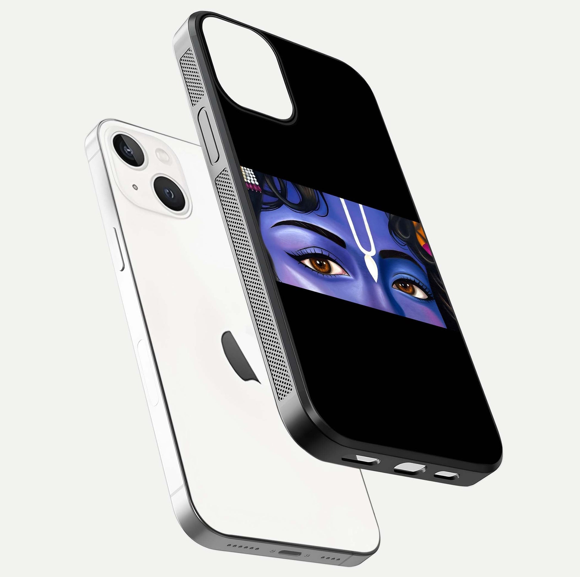 Krishna Eye Glass Case for iPhone 13 floating dual-view mockup showing gloss surface and divine art depth