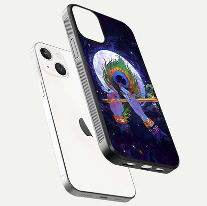 Krishna Hands Art Glass Case for iPhone 13 floating dual-view mockup showing premium gloss reflection