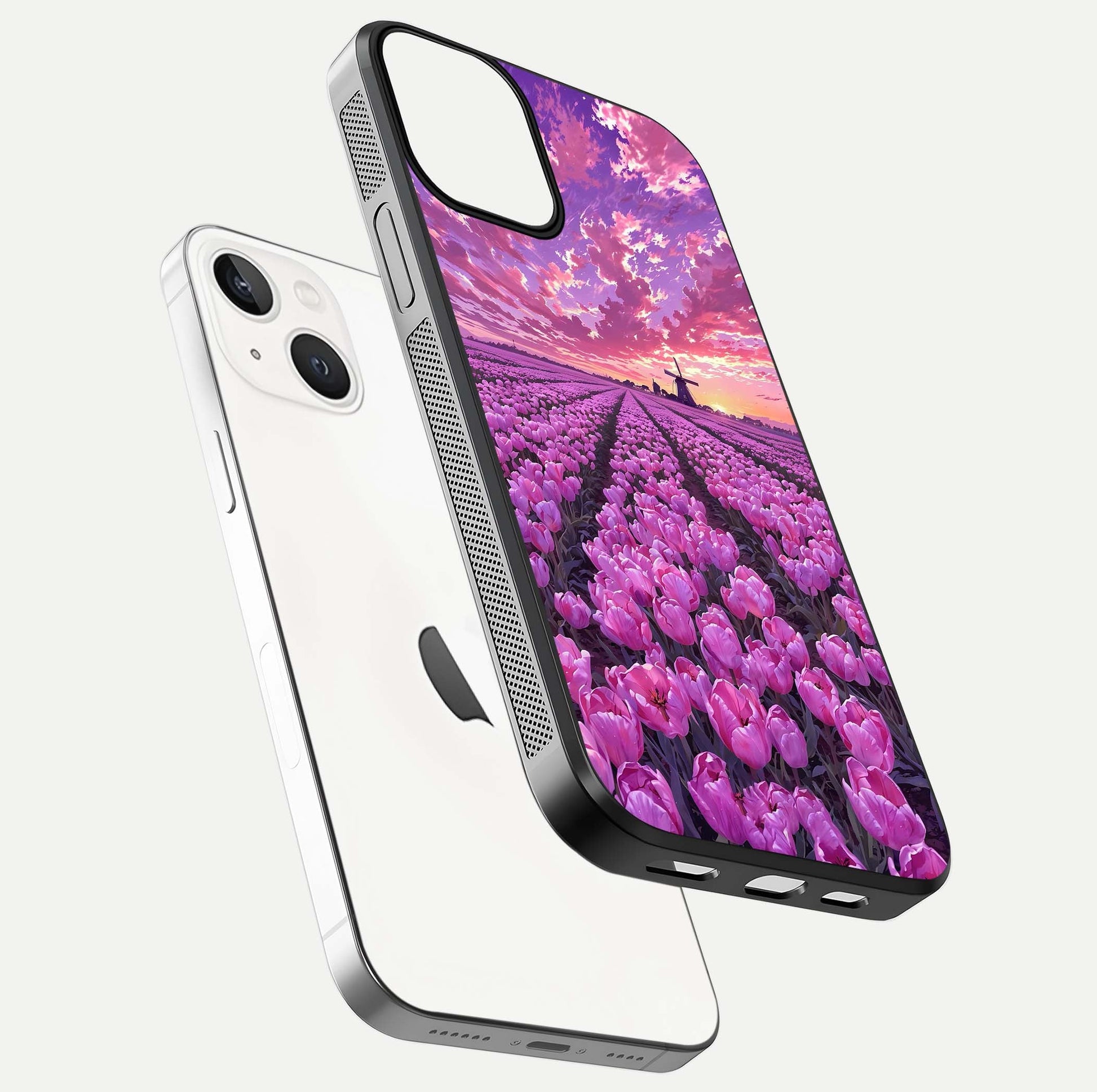 Lavender Dream Skies Glass Case for iPhone 13 floating dual-view mockup showing gloss polish and pastel design