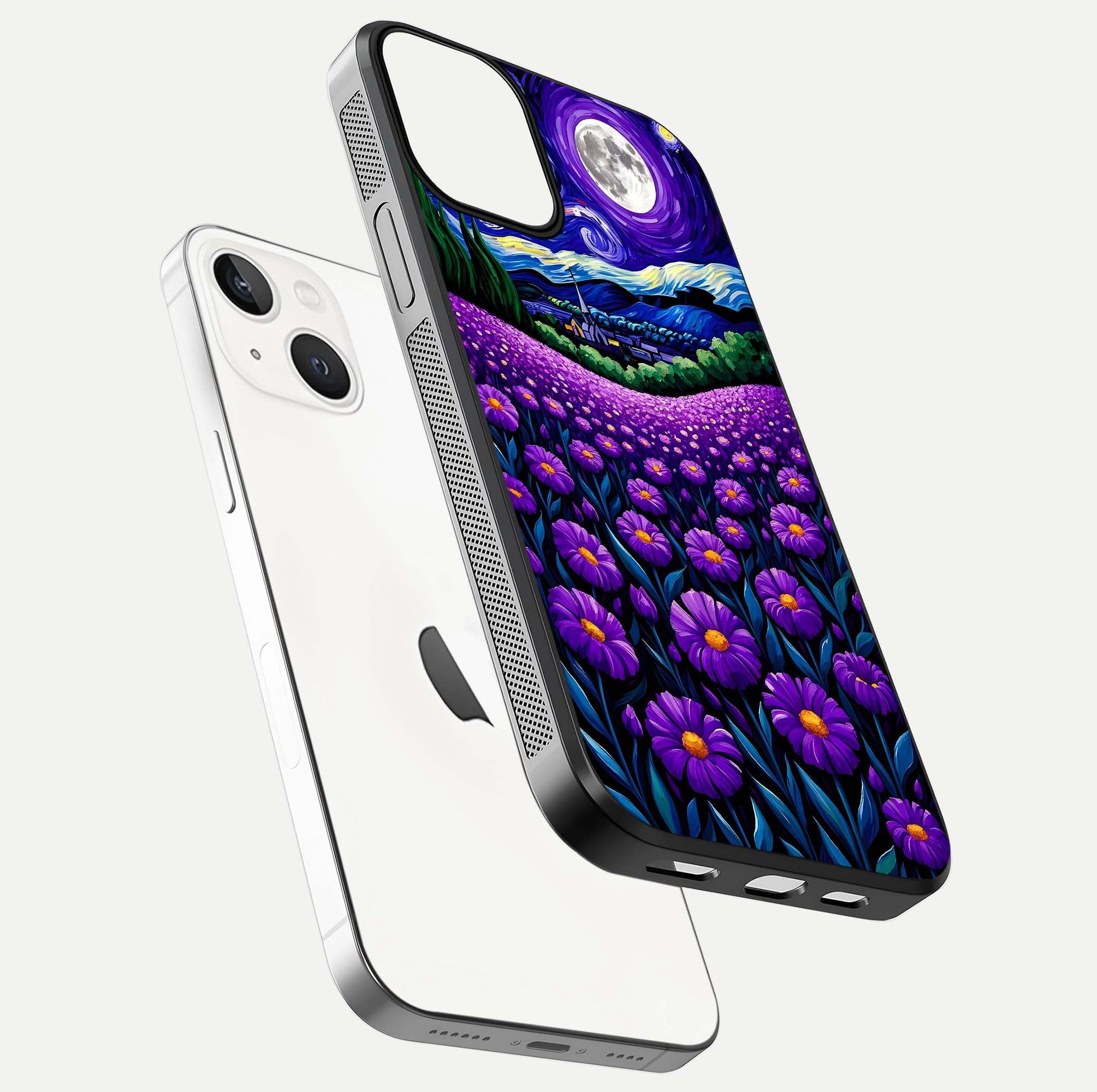 Lavender Moon Field Glass Case for iPhone 13 floating dual-view mockup showing gloss surface and floral glow