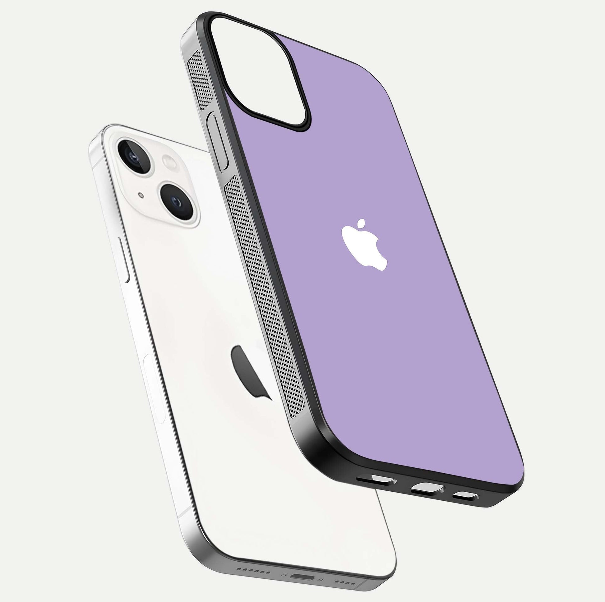 Lavender Soft Minimal Glass Case for iPhone 13 floating dual-view mockup showing gloss reflection and pastel tone