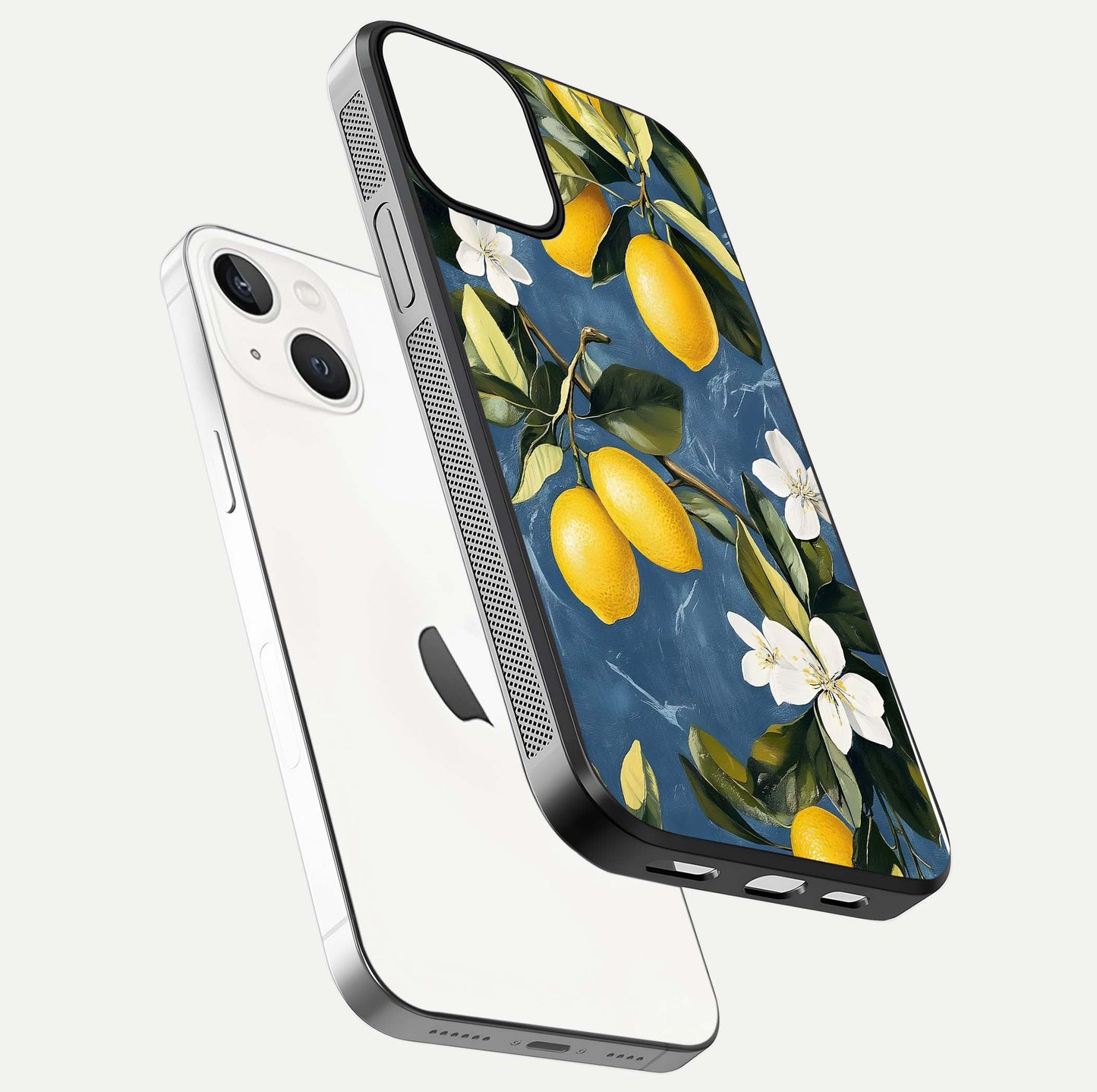 Lemon Dream Garden Glass Case for iPhone 13 floating dual-view mockup showing gloss brightness and vivid yellow print