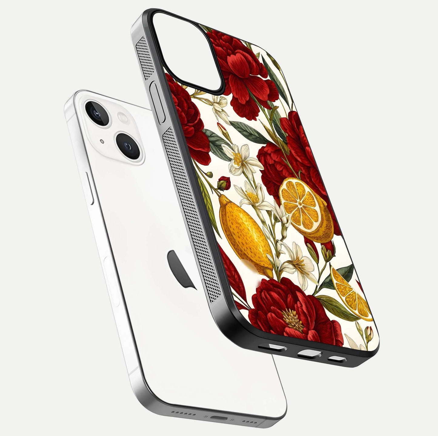 Lemon Rose Charm Glass Case for iPhone 13 floating dual-view mockup showing gloss polish and floral gradient