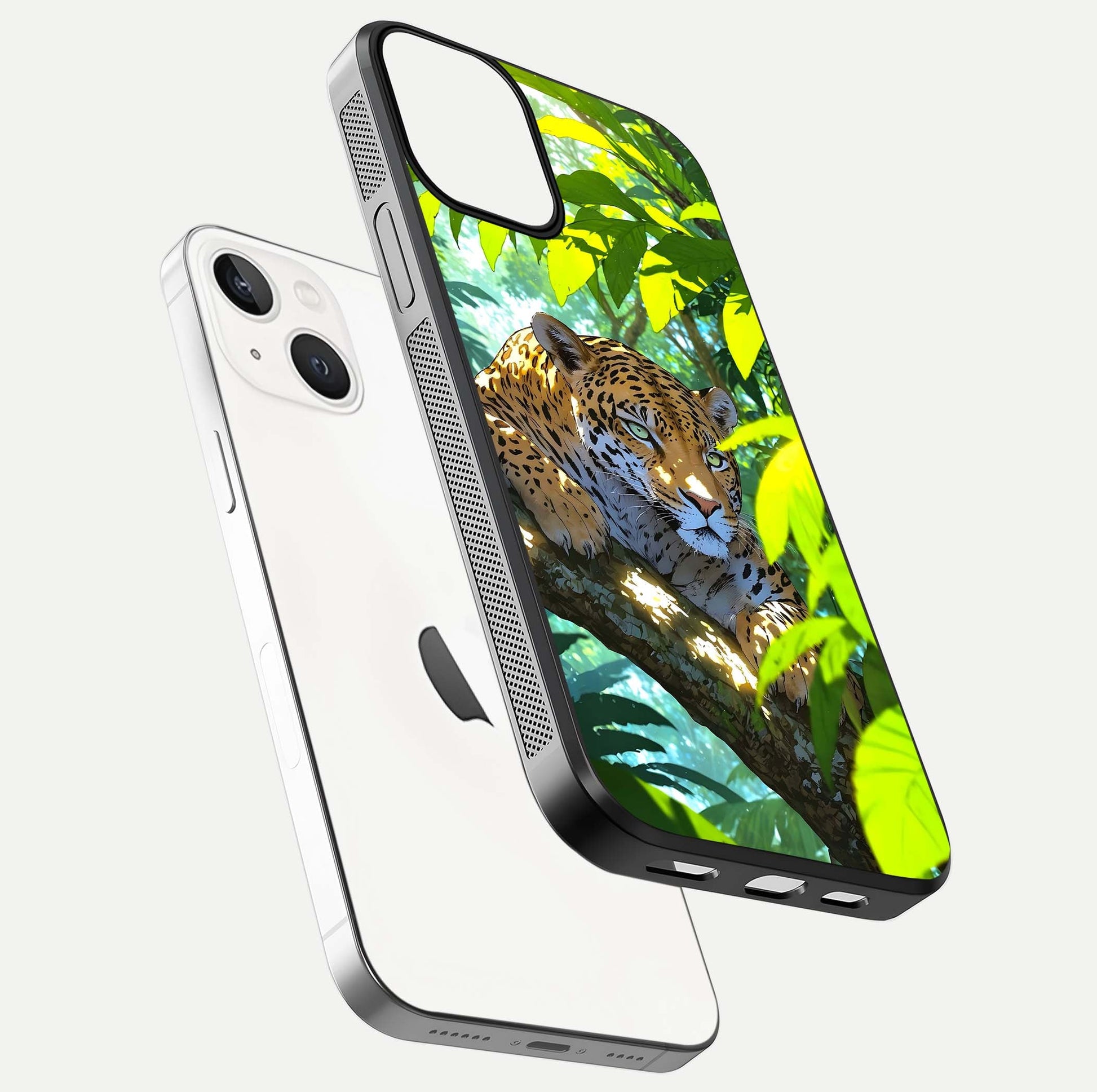 Leopard in Jungle Glass Case for iPhone 13 floating dual-view mockup showing gloss finish and HD wild pattern