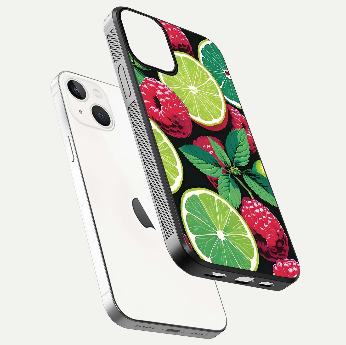 Lime and Raspberry Pattern Glass Case for iPhone 13 floating dual-view showing HD gloss and vivid print