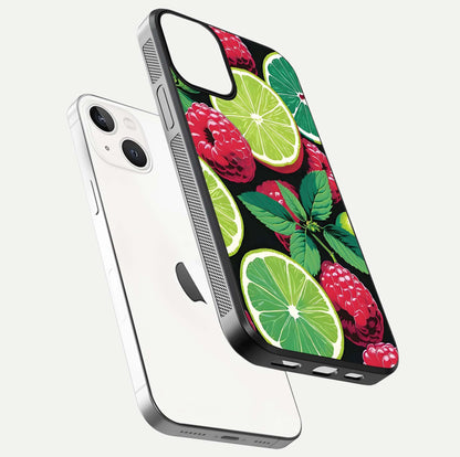 Lime and Raspberry Pattern Glass Case for iPhone 13 floating dual-view showing HD gloss and vivid print