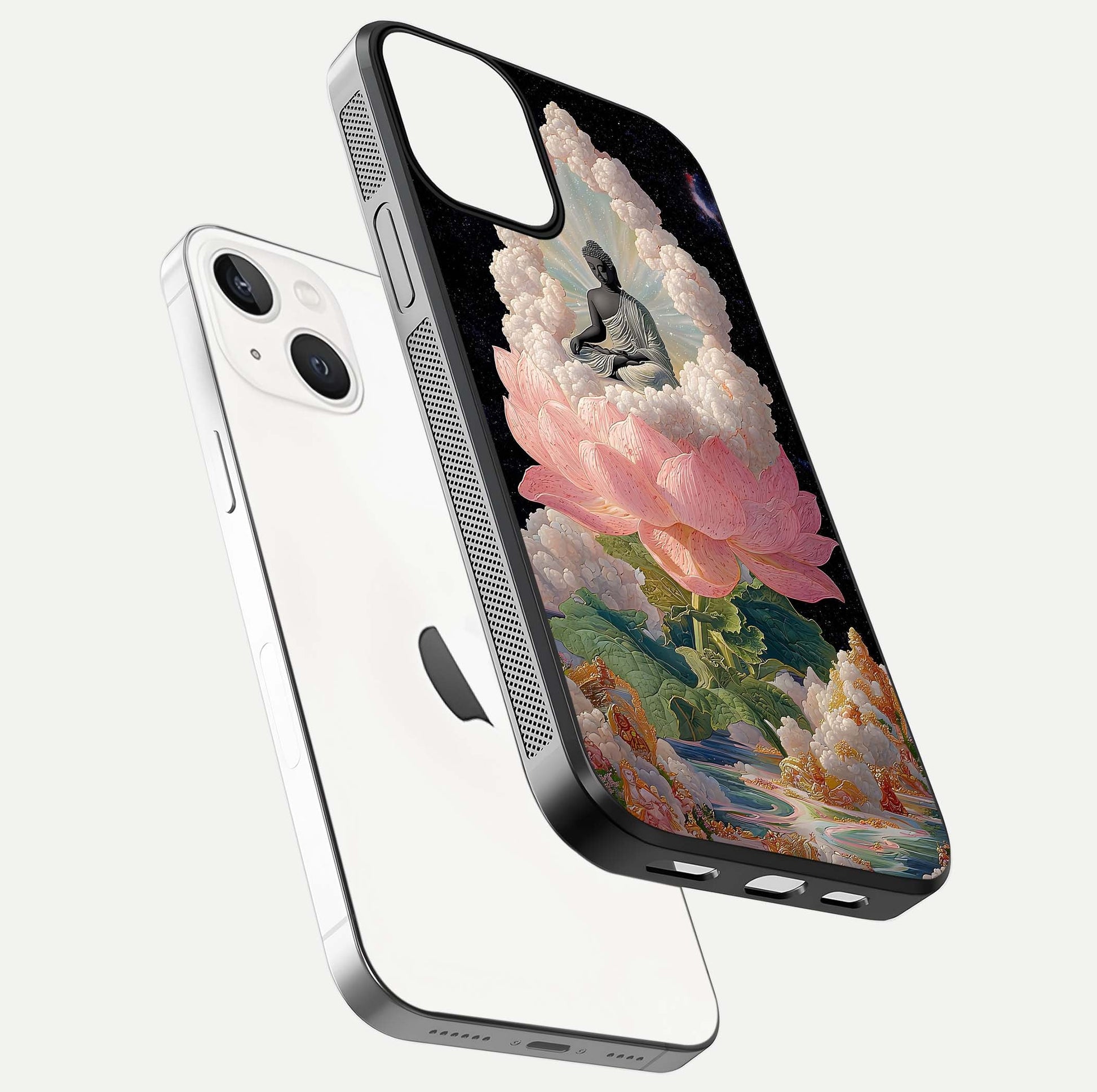 Lotus Divine Peace Glass Case for iPhone 13 floating dual-view mockup with glass glow and spiritual calm art