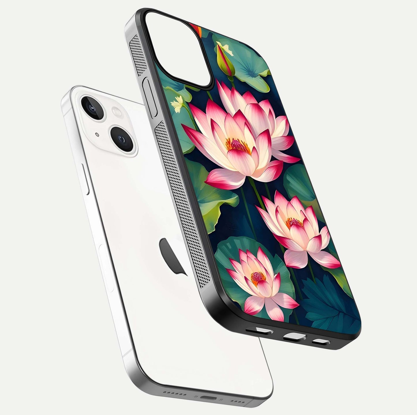 Lotus Dream Serenity Glass Case for iPhone 13 floating dual-view mockup highlighting HD gloss glow