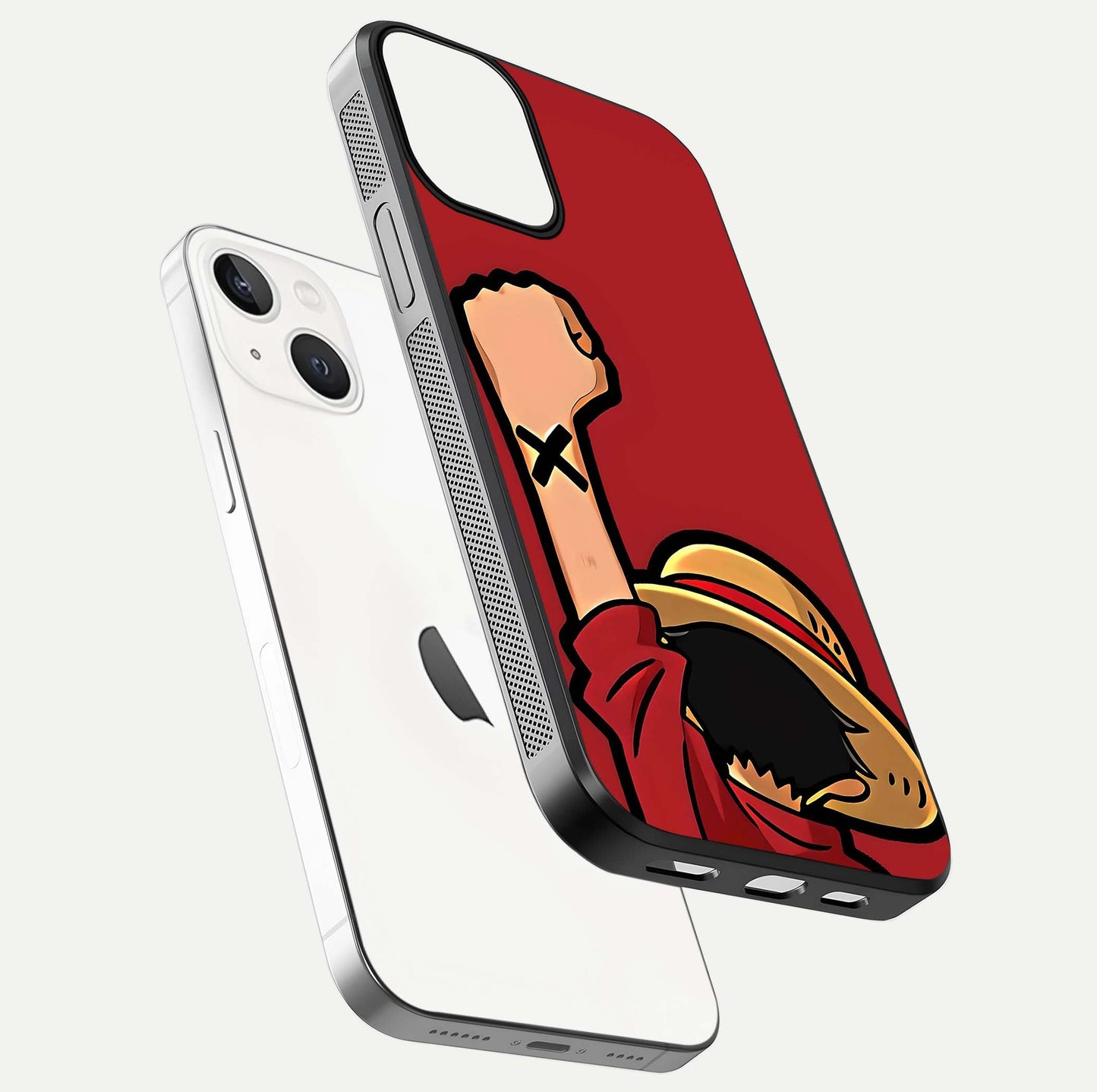 Luffy X Spirit Glass Case for iPhone 13 floating dual-view mockup showing gloss polish and vibrant color depth