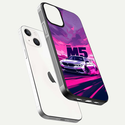 MS Neon Car Glass Case for iPhone 13 floating dual-view mockup showing HD gloss and electric color tones