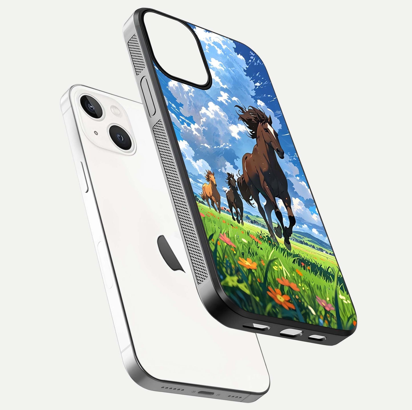 Majestic Horses Galloping Glass Case for iPhone 13 floating dual-view mockup showing gloss texture and vivid tones
