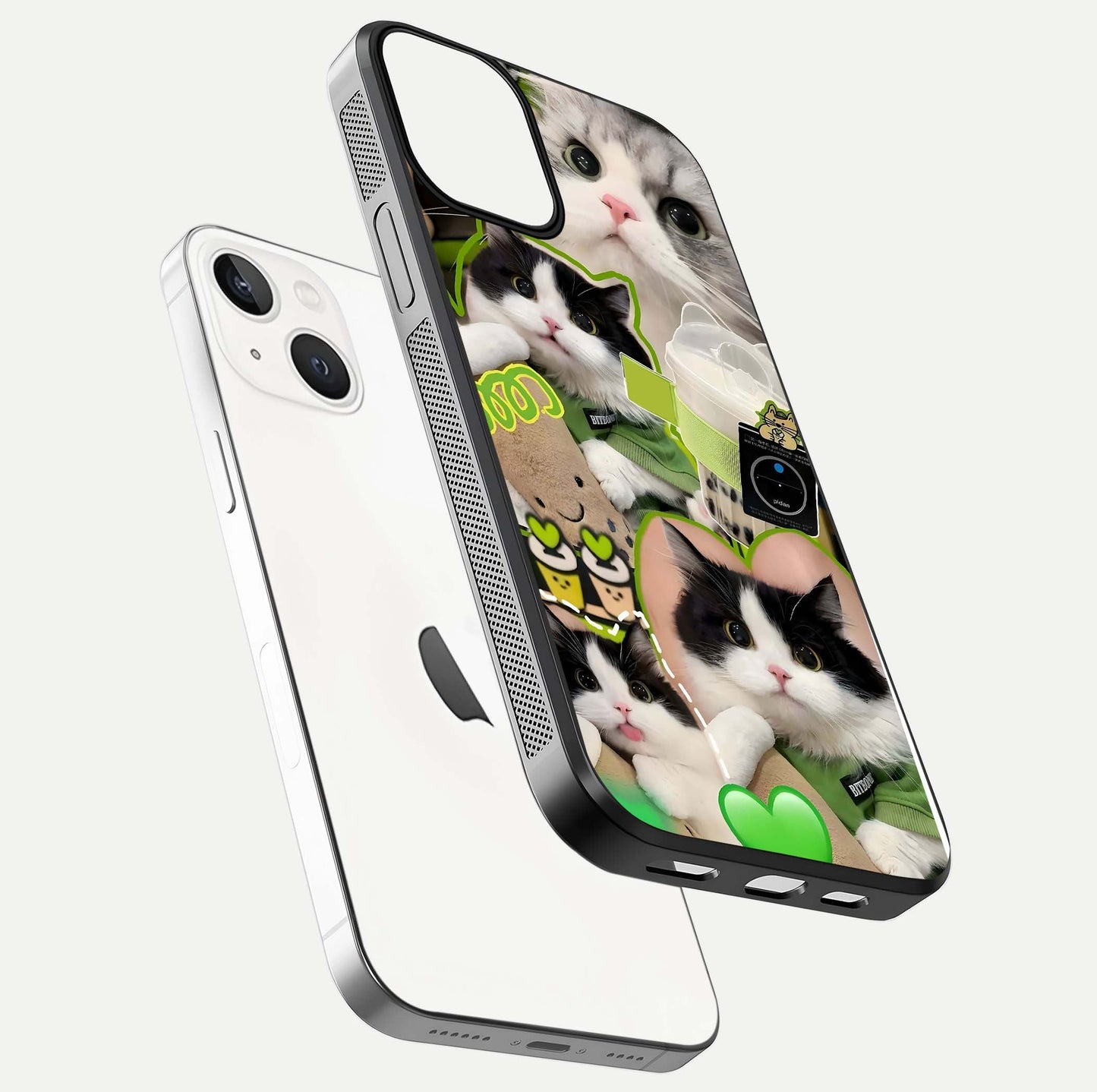 Matcha Cats Mood Glass Case for iPhone 13 floating dual-view mockup showing HD gloss surface and soft tones