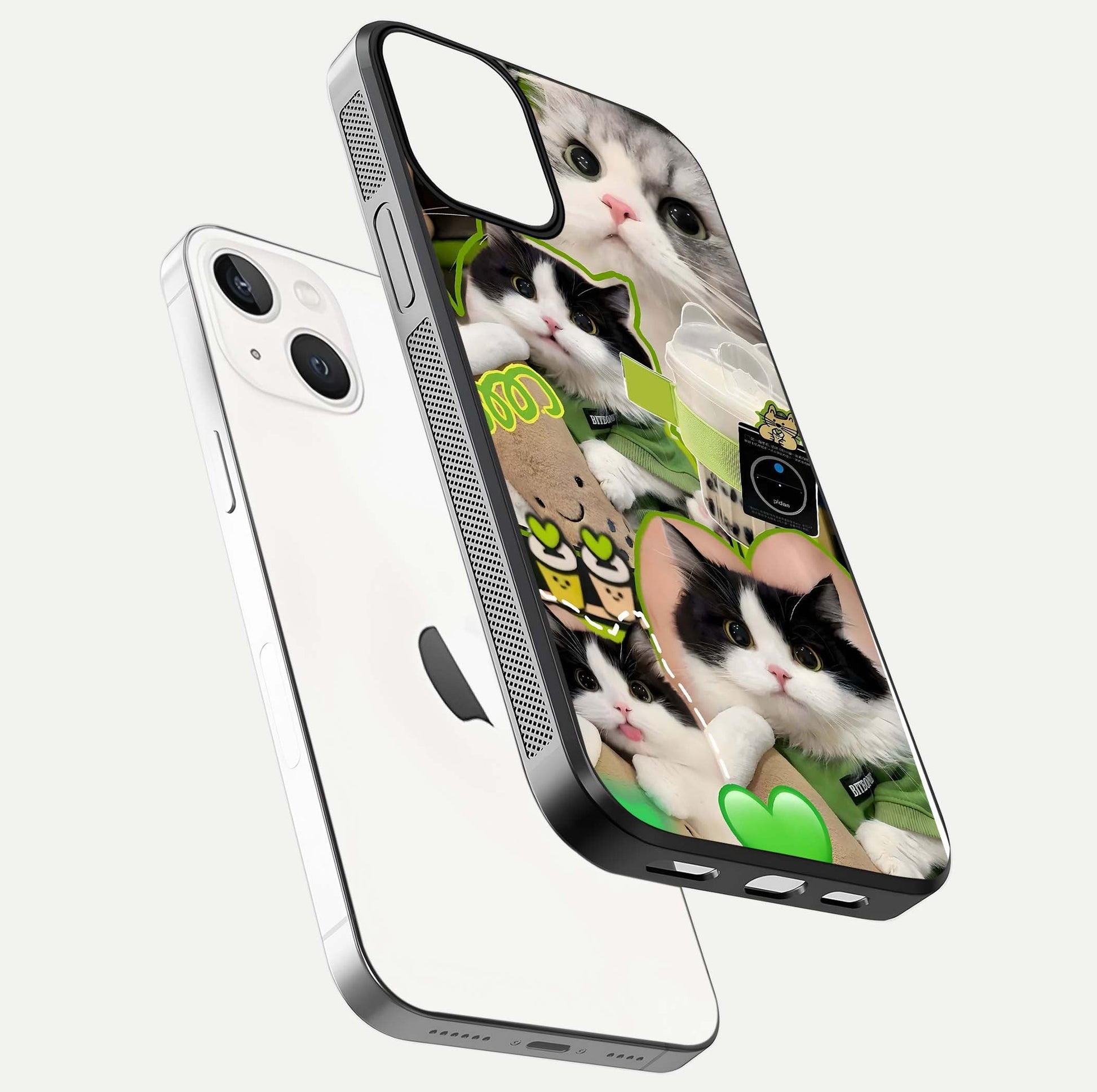 Matcha Cats Mood Glass Case for iPhone 13 floating dual-view mockup showing HD gloss surface and soft tones