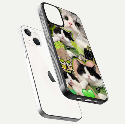 Matcha Cats Mood Glass Case for iPhone 13 floating dual-view mockup showing HD gloss surface and soft tones