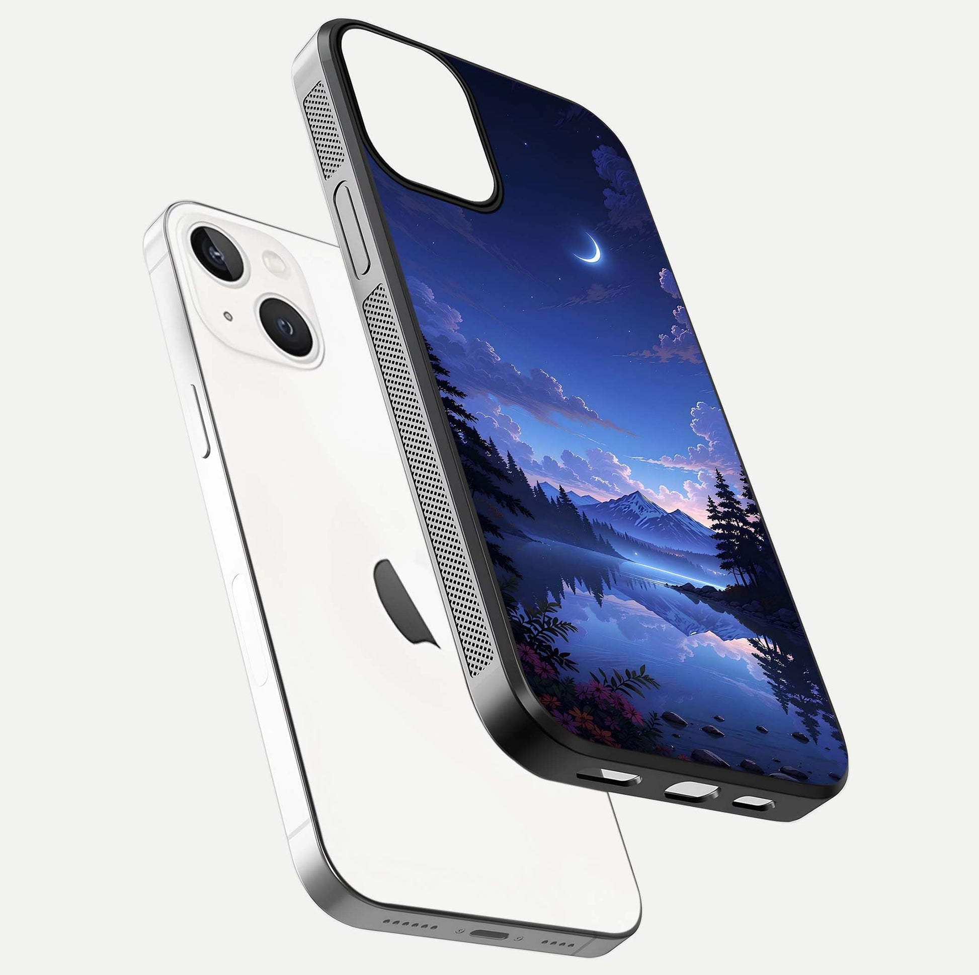 Midnight Lake Peace Glass Case for iPhone 13 floating dual-view mockup showing gloss finish and peaceful art