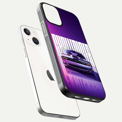 Midnight Muscle Ride Glass Case for iPhone 13 floating dual-view mockup showing glossy finish and shine depth