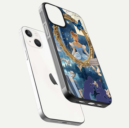 Midnight Queen Glass Case for iPhone 13 floating dual-view mockup showing HD glass shine and luxury art