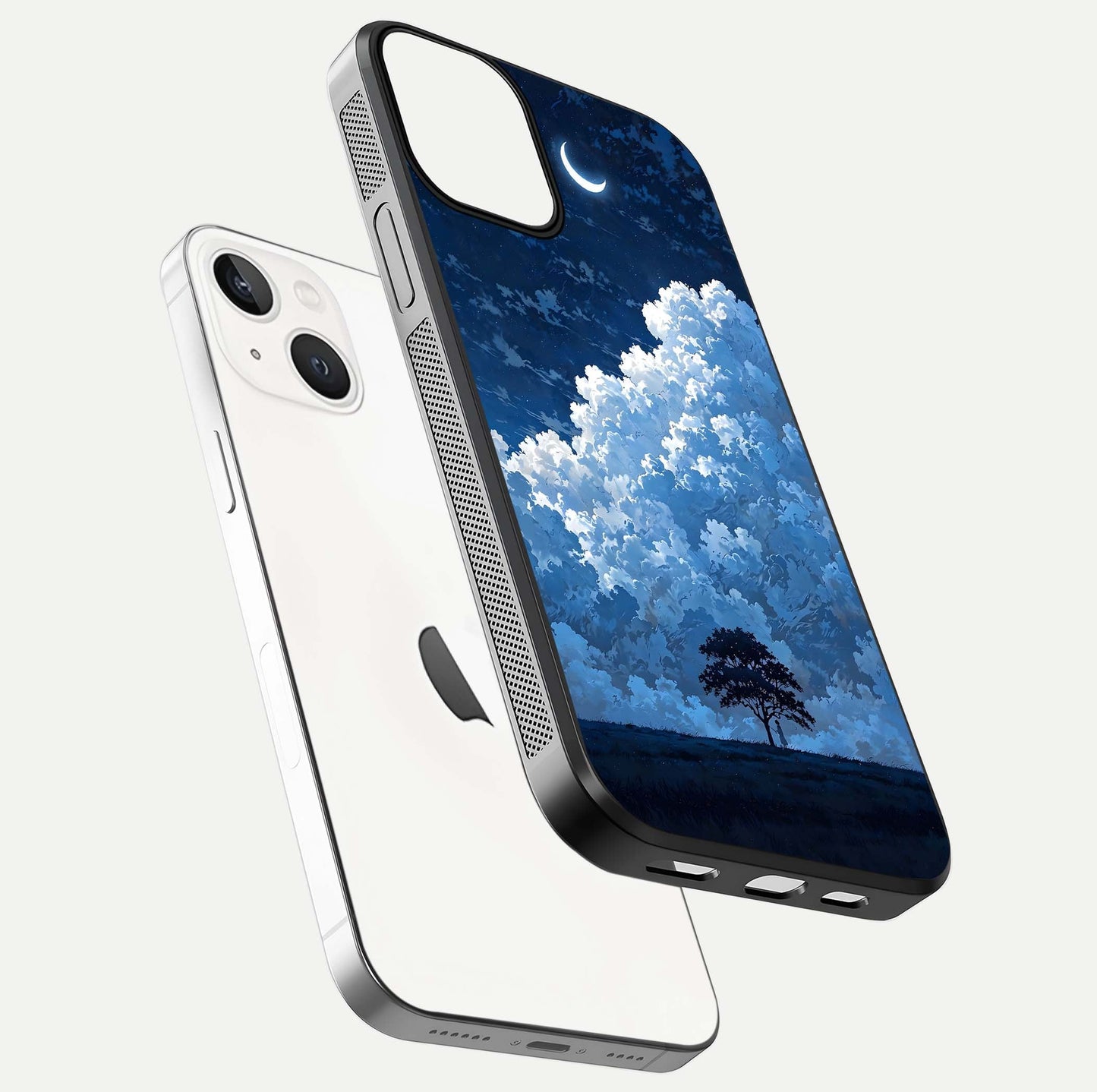Midnight Sky Serenity Glass Case for iPhone 13 floating dual-view mockup showing HD gloss and night shine