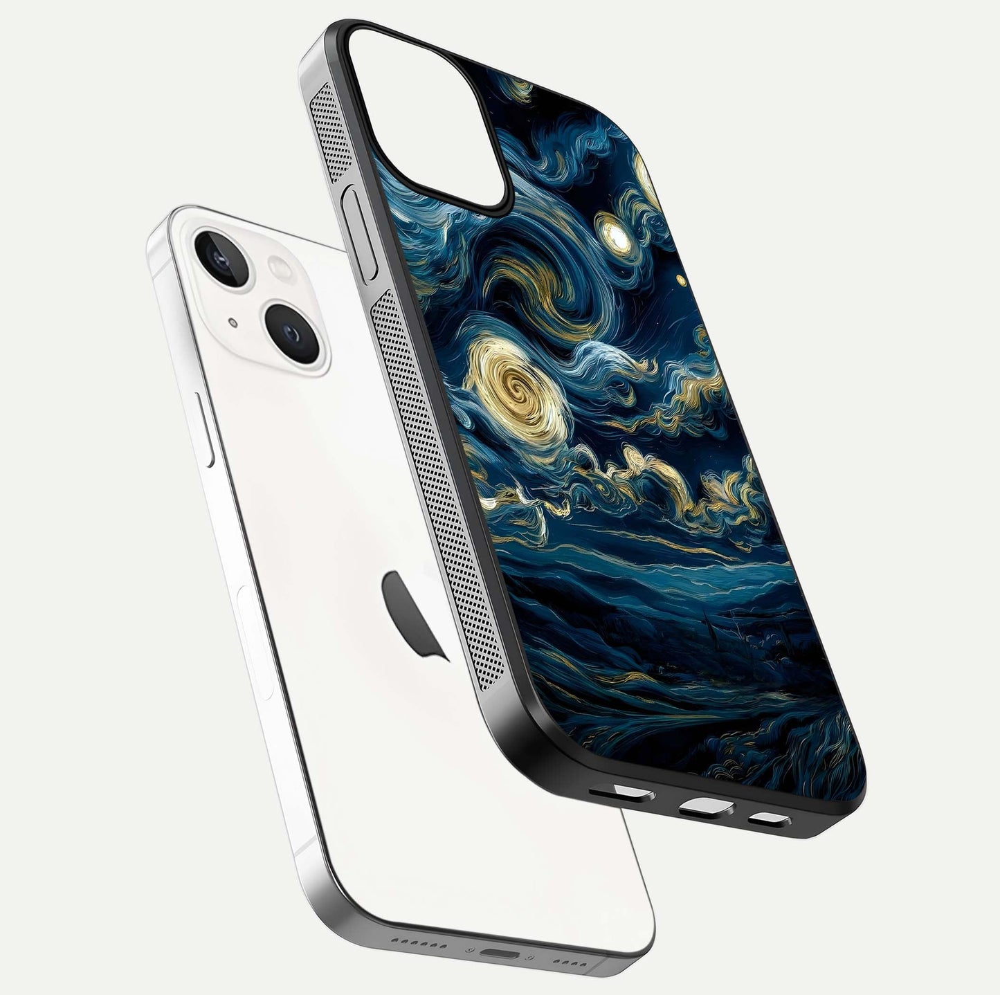 Midnight Sky Whirl Glass Case for iPhone 13 floating dual-view mockup showing gloss texture and shine