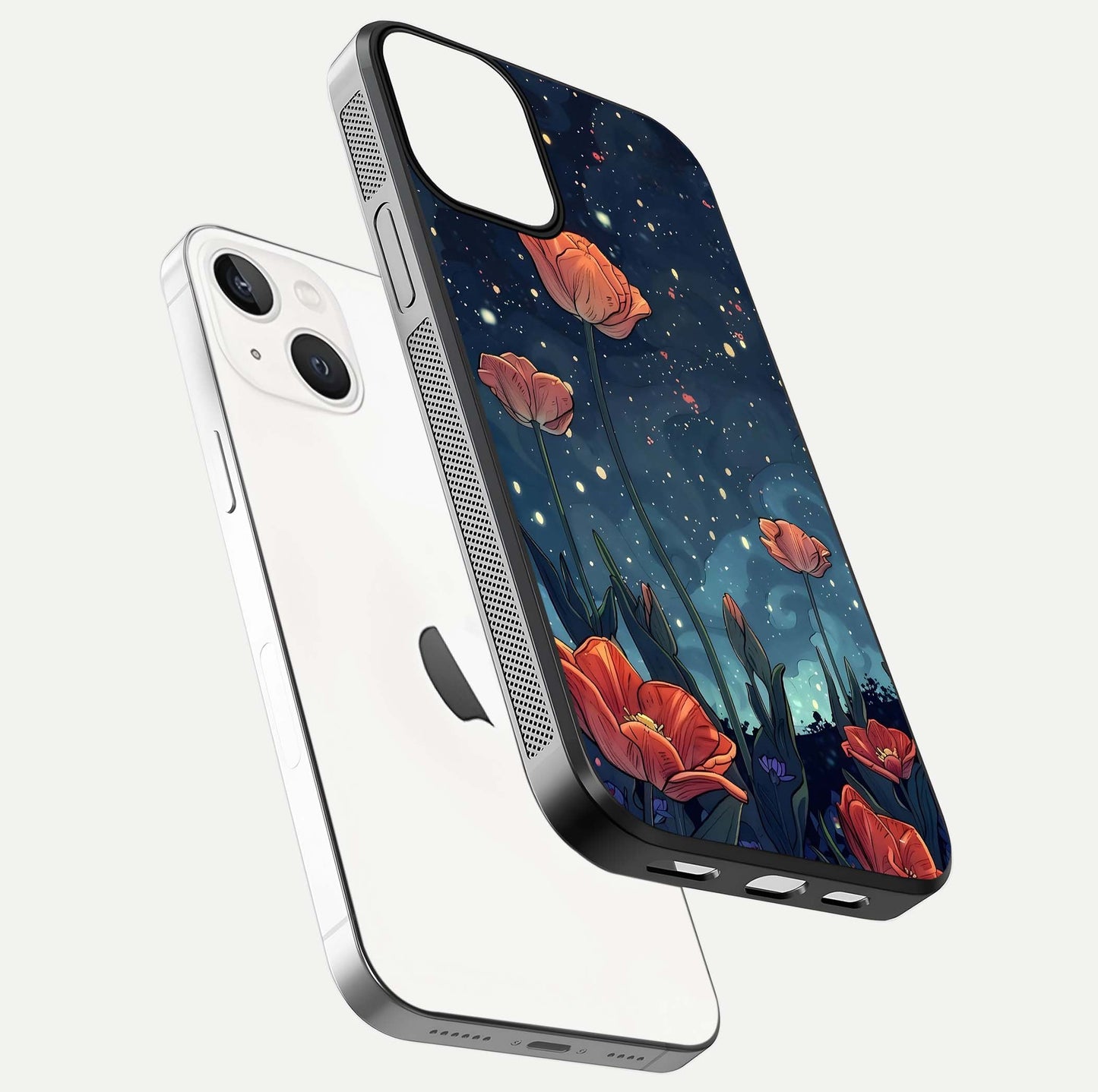 Midnight Tulip Glow Glass Case for iPhone 13 floating dual-view mockup showing HD gloss and tulip tone