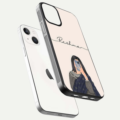 Mirror Mood Muse Custom Name Glass Case for iPhone 13 floating dual-view mockup showing reflection and luxury style