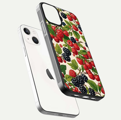 Mixed Berry Collage Glass Case for iPhone 13 floating dual-view mockup showing gloss depth and vibrant design