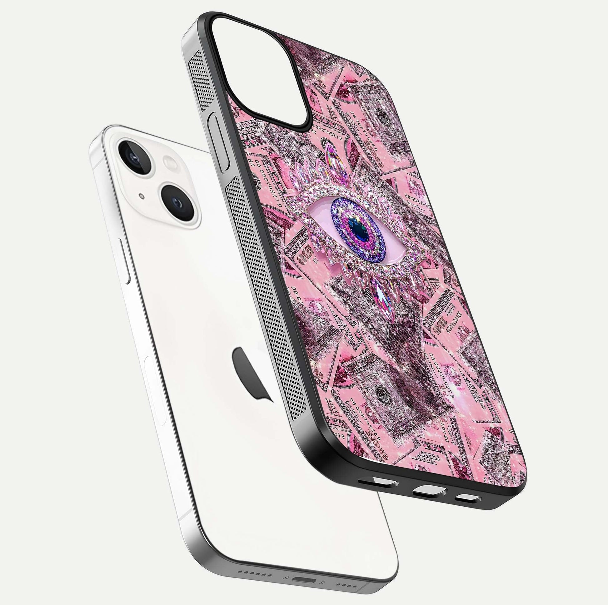 Money Eye Luxe Glass Case for iPhone 13 floating dual-view mockup showing gloss surface and premium look