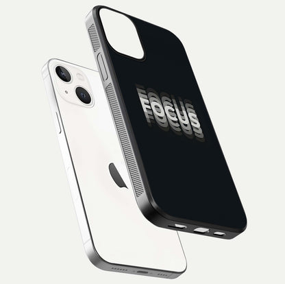 Mono Focus Vision Glass Case for iPhone 13 floating dual-view mockup showing HD gloss and elegant simplicity