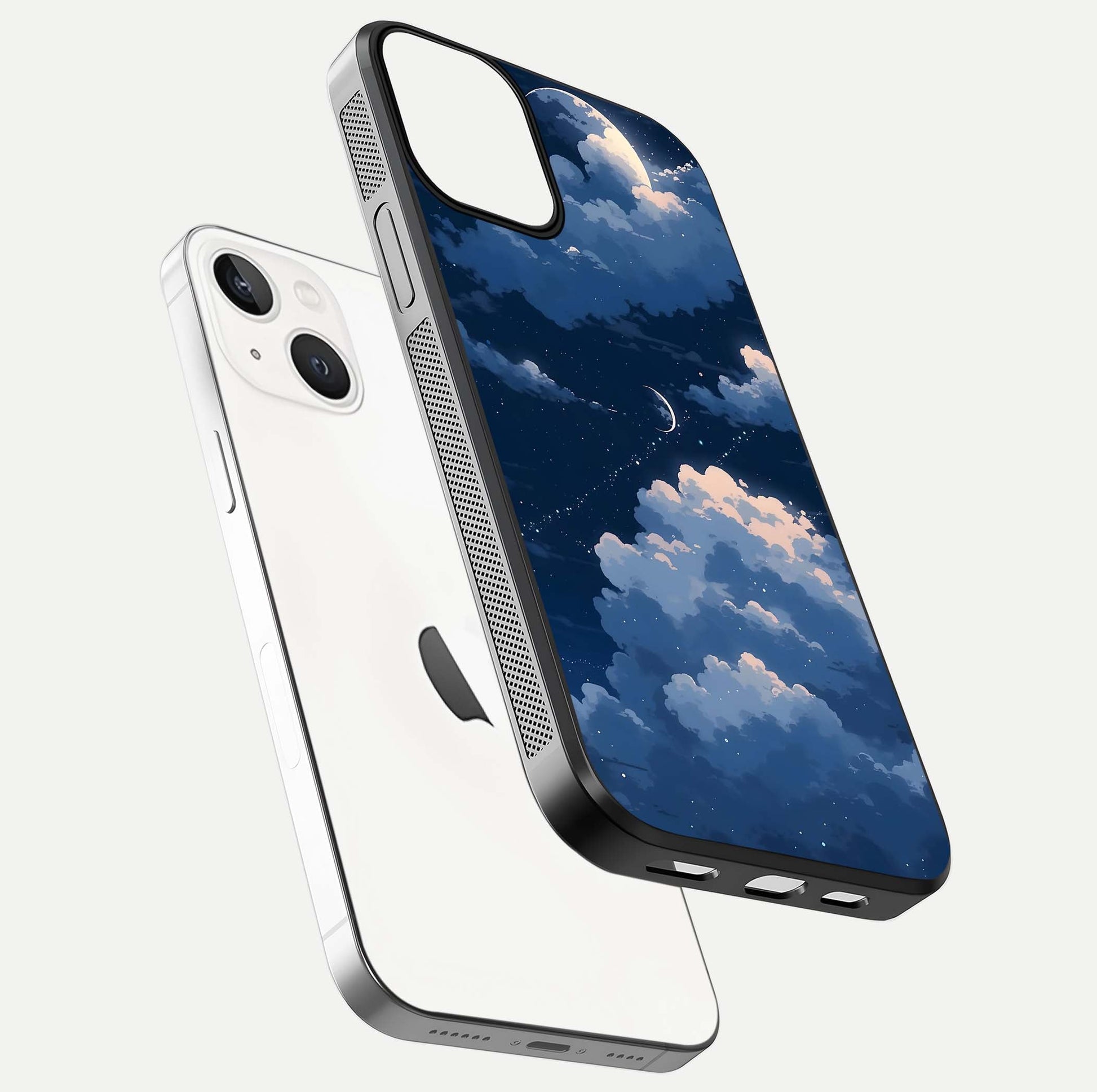 Moon Dream Haze Glass Case for iPhone 13 floating dual-view mockup showing gloss texture and calm tones