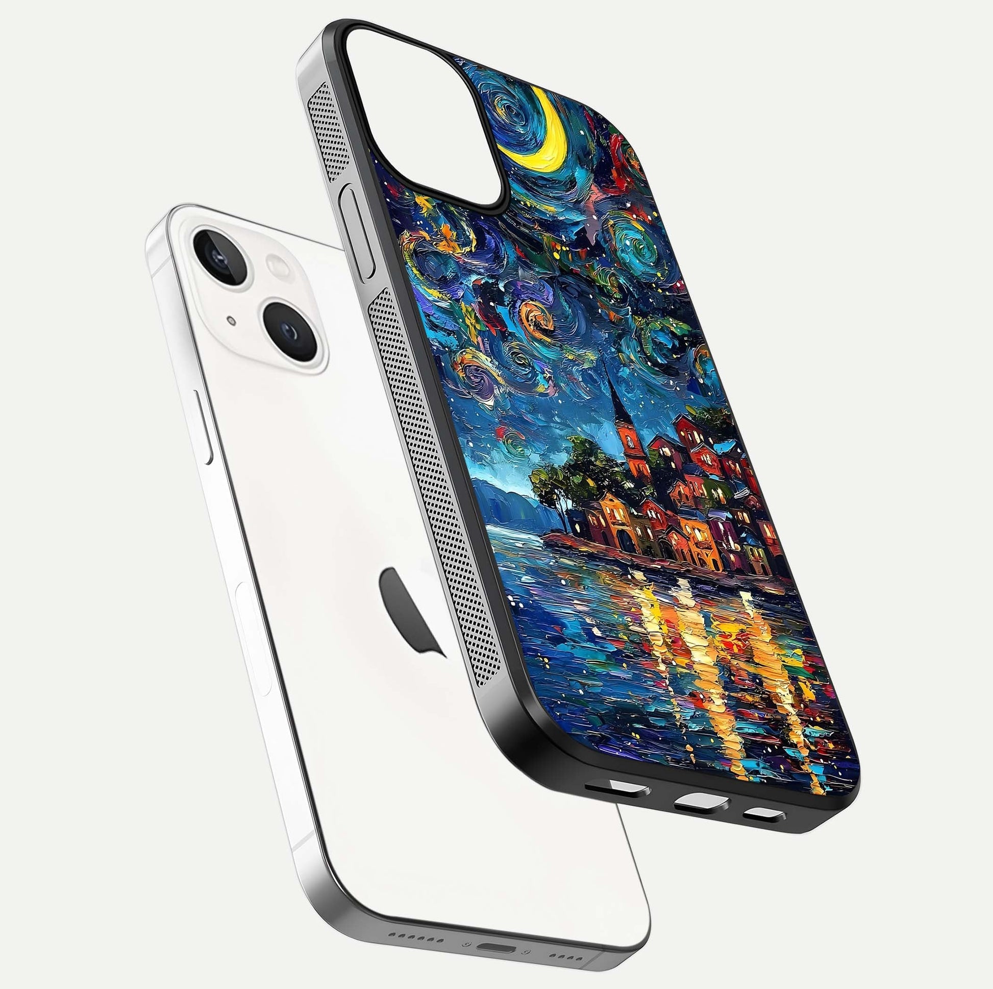 Moonlight Harbor Glow Glass Case for iPhone 13 floating dual-view mockup showing gloss brightness and glow
