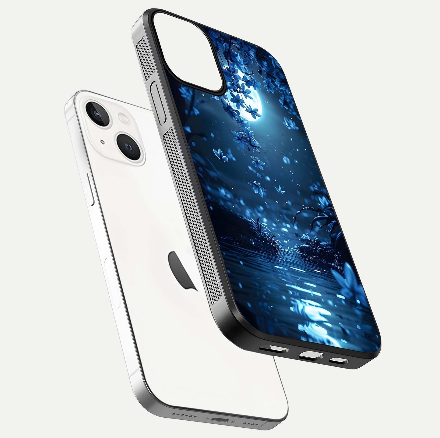 Moonlight Petal Dream Glass Case for iPhone 13 floating dual-view mockup showing HD gloss and dreamy art